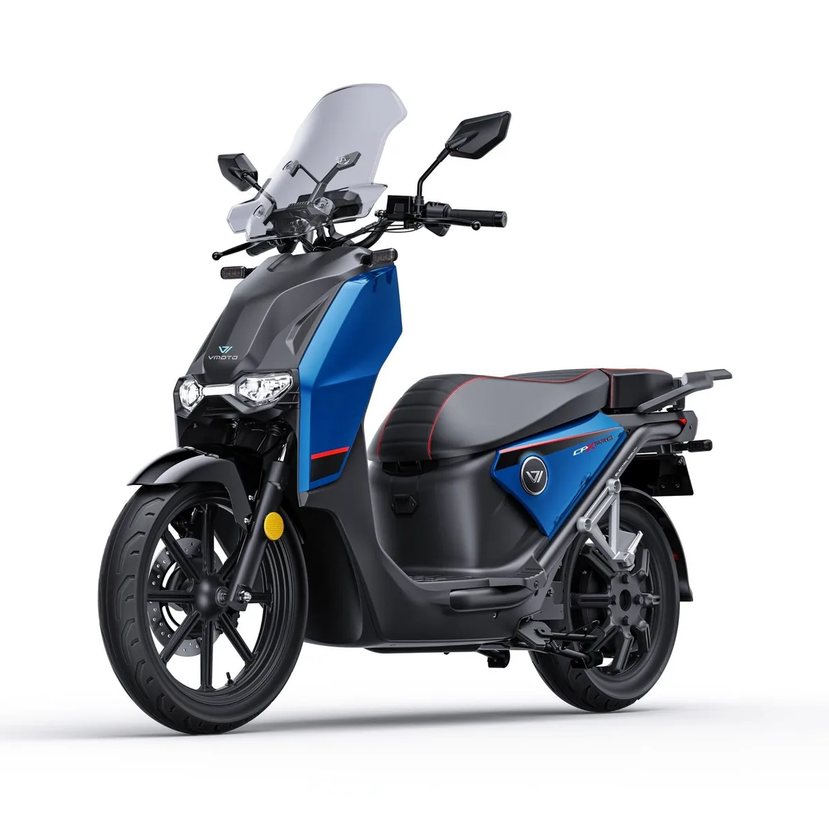 Super Soco Elektro-Roller in Blau und Schwarz mit Windschild