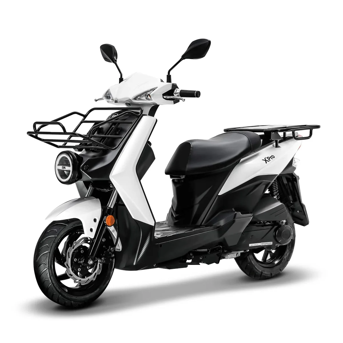 SYM X Pro 50 in Weiß mit Gepäckträger, Seitenansicht